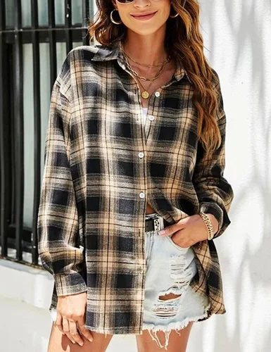 Vista 2 de HangNiFang - Camisas de franela para mujer, de gran tamaño, con botones, a cuadros