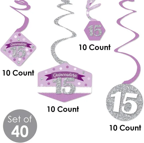 Vista 5 de Big Dot of Happiness Quinceanera Purple - Sweet 15 - Decoración colgante para fiesta de cumpleaños - Remolinos de decoración de fiesta - Juego de 40