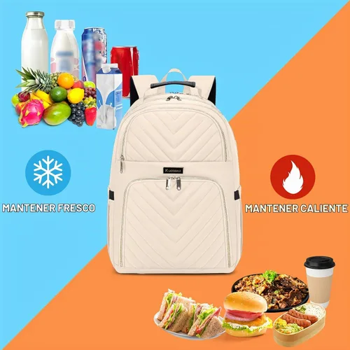Vista 7 de Mochila de almuerzo para mujer, resistente al agua, bolsa de almuerzo aislada, mochilas para laptop de 15.6 pulgadas con puerto USB, mochila