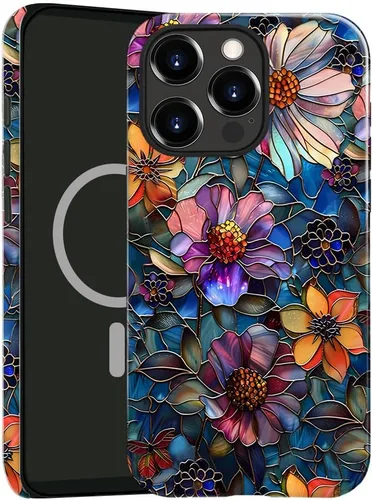 Vista 25 de Funda compatible con iPhone 13, compatible con MagSafe, funda híbrida de 2 capas con prevención de caídas brillante para niñas y niños, arte floral