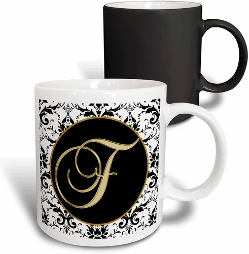 Vista 12 de 3dRose Image of The Script Letter F in Black White and Gold 11oz Two-Tone Black Mug