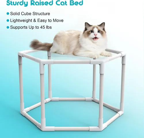 Vista 16 de Camas para gatos de interior, cama hamaca elevada para gatos, casa hexagonal para gatos con malla transpirable y parte inferior antideslizante, cama