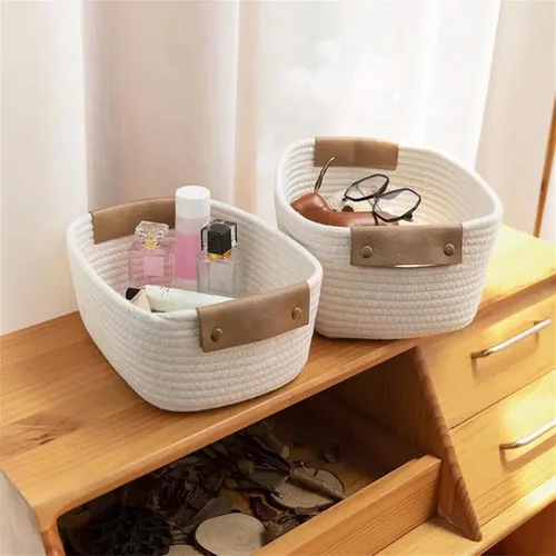 Vista 3 de Cesta de cuerda en espiral de algodón con asas, cesta tejida para almacenamiento de guardería, cesta de almacenamiento decorativa, cesta de toalla