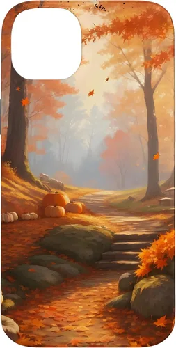 Vista 15 de iPhone 13 Pro Max Idílica escena del bosque de otoño, hojas de otoño, funda de calabazas