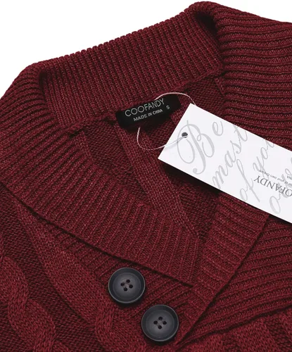 Vista 4 de COOFANDY Suéter de punto trenzado con cuello de chal para hombre, ajuste delgado, informal, con botones