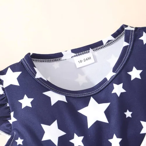 Vista 4 de Vestido para niñas del 4 de julio, vestidos de bandera estadounidense, manga con vuelo, ropa patriótica, trajes para el día de la independencia