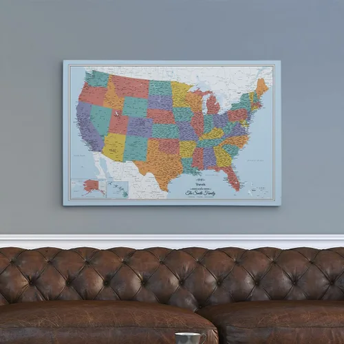 Vista 28 de Push Pin Travel Maps Lienzo personalizado Blue Oceans USA con marco gris de madera de granero