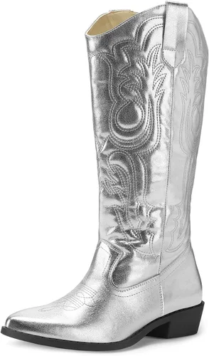 Vista 11 de mysoft Botas vaqueras para mujer de media pantorrilla bordadas estilo occidental de punta puntiaguda con tacón grueso tipo pull-on hasta la rodilla