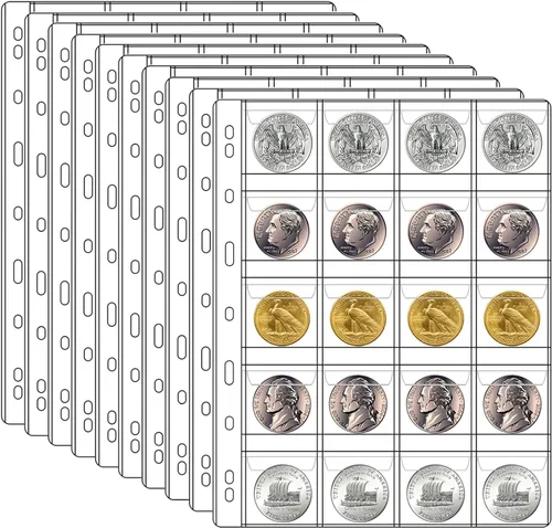 Vista 7 de Páginas de colección de monedas de 10 hojas, página de bolsillo para monedas con 120 bolsillos, fundas para carpetas de monedas con 9 agujeros