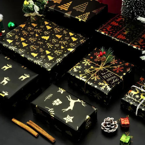 Vista 4 de MAMUNU - Papel de regalo de Navidad, 6 hojas de papel de regalo de lámina metálica negro y dorado, papel de regalo con diseño de copo de nieve