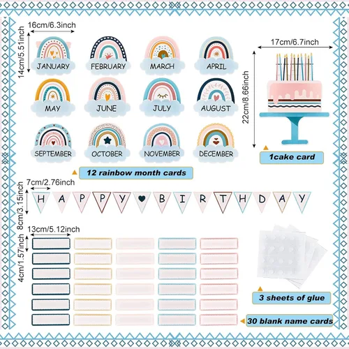 Vista 2 de 60 Piezas de Decoración Bohemia para Aula, Juego de Decoraciones para Tablón de Anuncios de Cumpleaños, Decoración de Tablón de Anuncios Arcoíris
