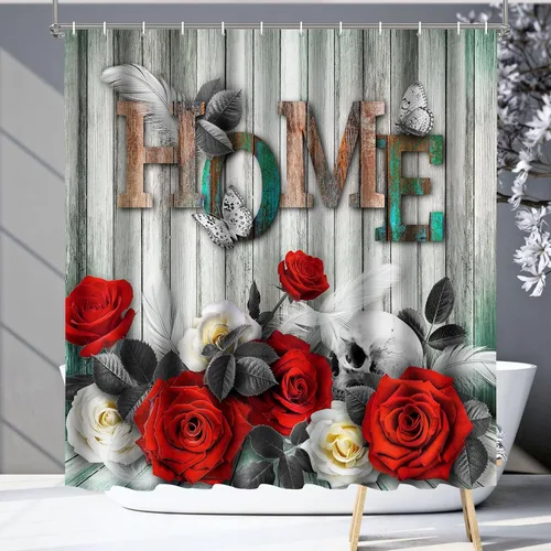 Vista 10 de Cortina de ducha Lalumix negra floral, cortinas de ducha con flores para baño con 12 ganchos, juegos de cortinas de ducha de tela de poliéster