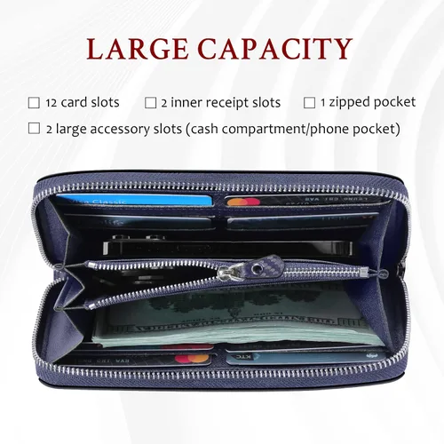 Vista 5 de Travelambo Cartera de gran capacidad para mujer, bolso largo plegable para mujer, Carbono azul, Casual