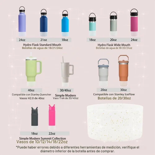 Vista 6 de Funda protectora de silicona con purpurina WORBSS para taza Stanley Cup H2.0 de 20, 30, 40 onzas y botella Hydro Flask de 18-24 onzas con cubierta
