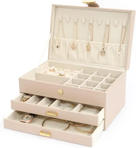 Vista 8 de V-LAFUY Organizador de joyas, organizador de joyas medio y almacenamiento, caja de joyería de 3 niveles con 2 cajones, cajas de joyería