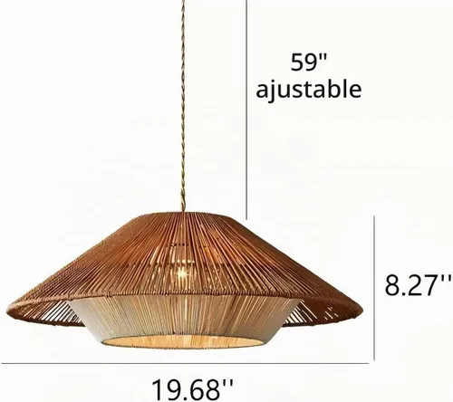 Vista 4 de LIGHTLAND Lámpara colgante de ratán bohemio de 19.7 pulgadas, araña tejida con cordel, lámpara tejida a mano estilo Wabi-sabi para comedor, isla