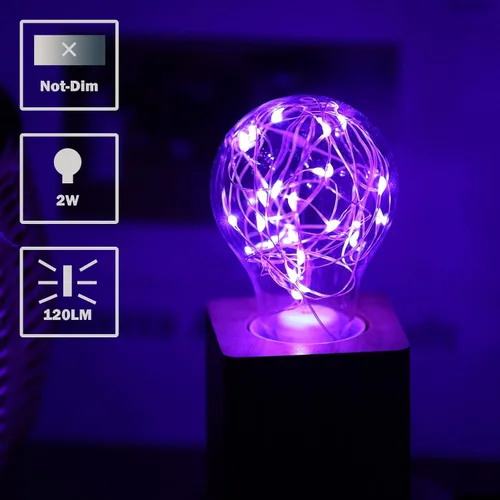Vista 3 de Bombilla decorativa morada, bombillas LED de hadas moradas de 2 W, bombillas lindas equivalentes a 15 W para lámparas colgantes, recámara, sala