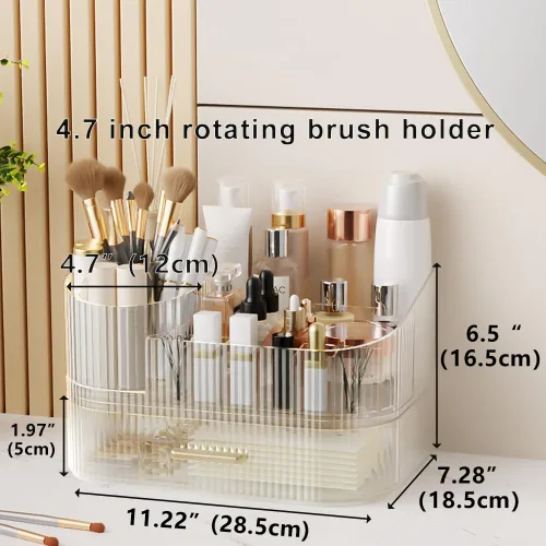 Vista 2 de Organizador de maquillaje giratorio de 360° con cajón, exhibición de almacenamiento de cosméticos de acrílico transparente, contador de belleza