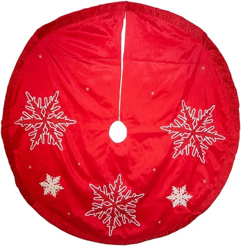 Vista 2 de Kurt Adler Falda de árbol bordada y plisada con copo de nieve, 60 pulgadas, color rojo