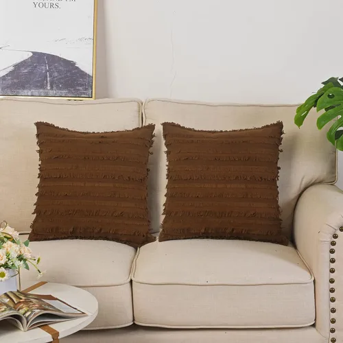 Vista 12 de GYROHOME Paquete de 2 fundas de almohada de algodón y lino, fundas de cojín decorativas, diseño de borlas, fundas de cojín modernas con flecos Beige