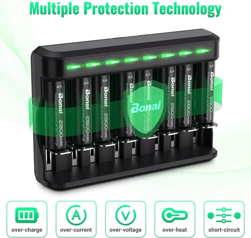 Vista 7 de BONAI Baterías recargables AA 2800mAh 8pack con cargador inteligente para AA AAA C D NiMH batería