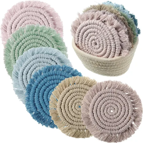 Vista 15 de Juego de 6 posavasos de algodón tejido bohemio absorbente con soporte para casa de campo, borla de macramé, regalo de inauguración de la casa