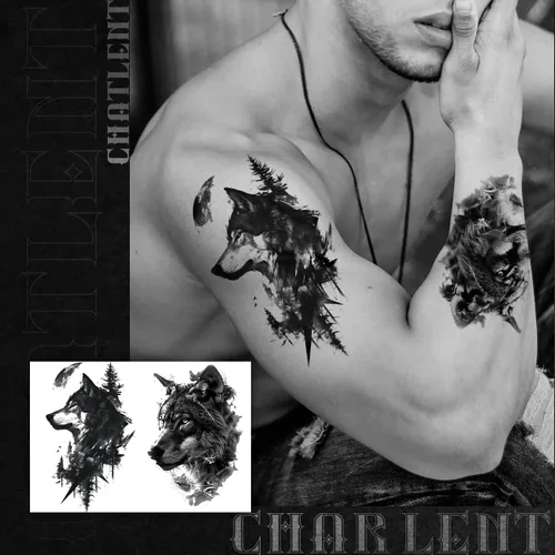 Vista 4 de CHARLENT 18 tatuajes temporales realistas de oso tigre, león, lobo para hombres y adultos, calcomanías de tatuajes de animales falsos negros