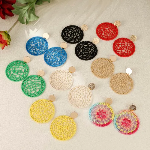 Vista 6 de RUOFFETA Pendientes redondos de rafia, tejidos a mano, atrapasueños, joyería bohemia para mujer