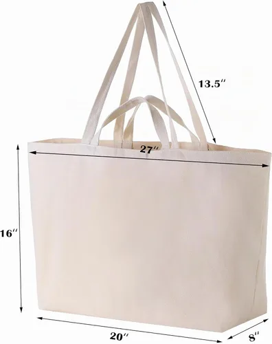 Vista 4 de Bolsa de lona grande y resistente de 27 x 16 x 8 pulgadas, extra grande, más grande, para compras, playa, bolsas reutilizables Beige
