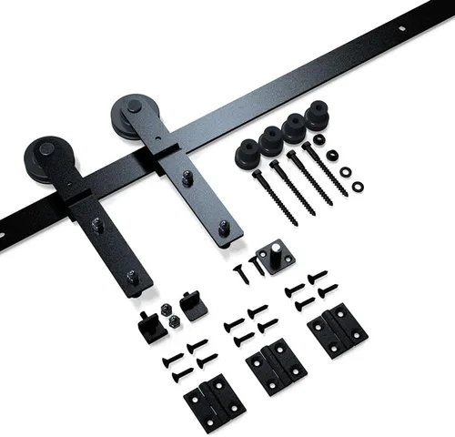 Vista 4 de Kit de herrajes para puerta de granero plegable de 42 pulgadas, kit de riel de rodillos resistente para 2 puertas montadas en el lateral, suave