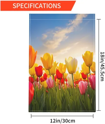 Vista 2 de Moslion Bandera de jardín de tulipanes, campo floral al atardecer, nube, tulipán, rosa, amarillo, flores verdes, banderas de doble cara, bandera