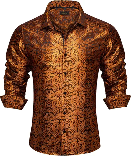 Vista 11 de DiBanGu Camisa de vestir de paisley de seda para hombre, formal, de manga larga, con cuello abotonado, camisas informales para fiesta de boda Negro