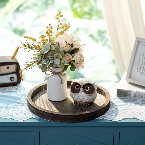 Vista 6 de Hanobe - Bandejas redondas de madera para decoración de centro de mesa Distressed Rustic Finish, 11" Tealight Pillar Candle Plates for Kitchen
