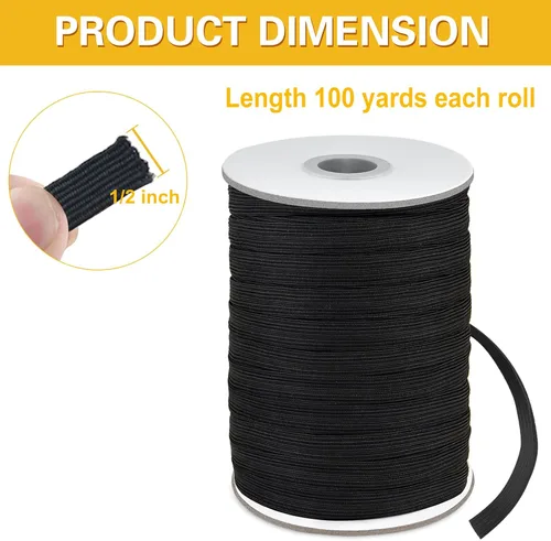 Vista 2 de Coopay Bandas elásticas planas de 100 yardas de largo, 1/2 pulgada de ancho, cuerda elástica plana para coser proyectos de bricolaje, artes y Negro