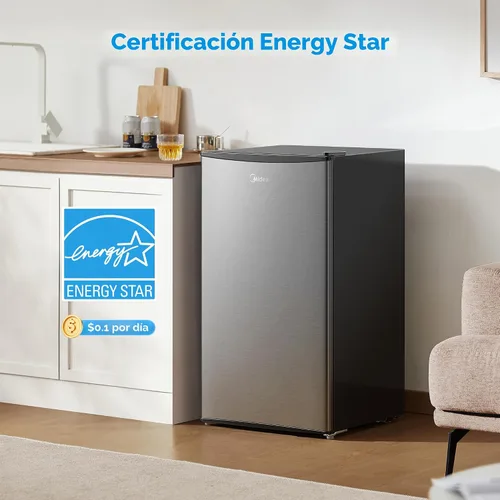 Vista 5 de Midea MERM33S1AST - Mini nevera compacta de 3.3 pies cúbicos con luz interna, termostato ajustable, puerta reversible, bajo ruido para dormitorio