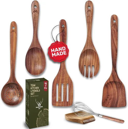 Vista 7 de Cuchara de madera de teca de mango largo de 12 pulgadas para cocinar con soporte de cuchara grande de teca, cucharas de madera de primera calidad