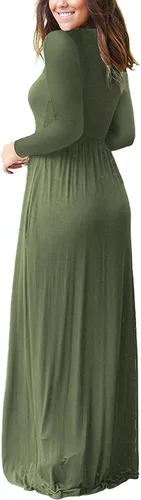 Vista 4 de Vestido de manga larga para mujer, holgado, liso, largo, estilo informal, con bolsillos. 01-verde militar
