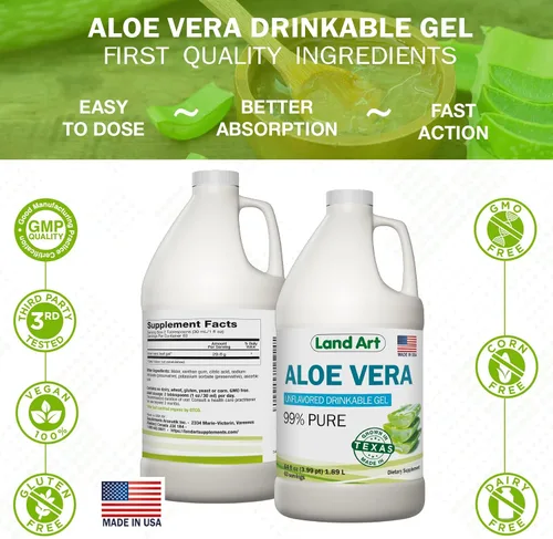 Vista 6 de Land Art Pure Aloe Vera Gel Bebible Sin Sabor 64 fl oz + Clorofila Líquida Sabor Menta 16 fl oz