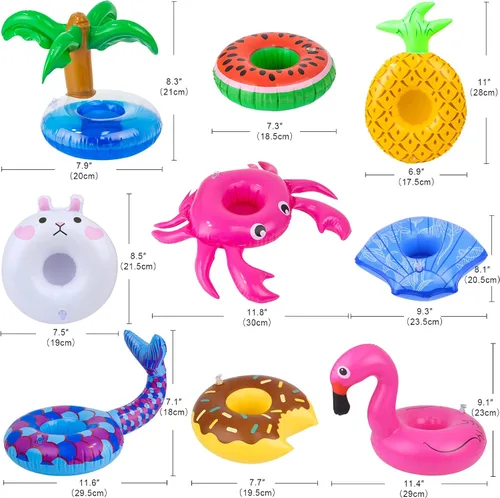 Vista 3 de Flotador inflable para muñecas para piscina, incluye flamencos, donas, piñas, conchas, cangrejos, conejo, soporte inflable para bebidas para fiestas