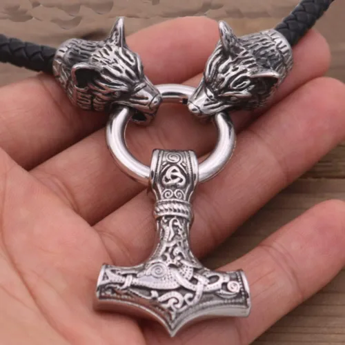 Vista 4 de Black Viking Odin Thunder Hammer And Roaring Wolf Head Mjolnir Thora's Hammer Amulet Necklace Viking Jewelry