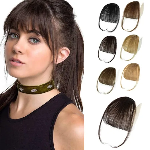 Vista 8 de Flequillo con clip de cabello humano real, flequillo rubio francés, extensiones de cabello para mujer, flequillo plano y ordenado, extensión