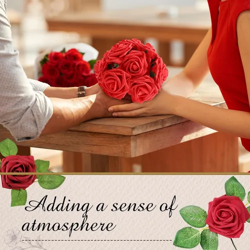 Vista 5 de Sherr 250 rosas artificiales a granel, rosas falsas con tallo, centro de mesa de flores sintéticas para boda, decoración del día de la madre, Borgoña