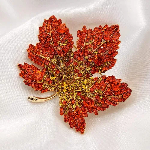 Vista 5 de Vintage elegante completo micro pavimentar amarillo naranja rojo cristal grande hoja de arce broche pin otoño joyería