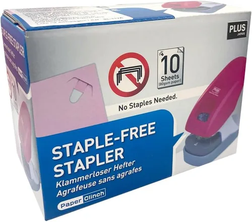 Vista 7 de Plus Japón, engrapadora sin grapas modelo de escritorio rosa, capacidad para 10 hojas, paquete de 1 pieza (1 x 1 grapadora)