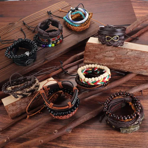 Vista 7 de FASACCO 31 pulseras de cuero trenzado para hombres y mujeres cuerdas de cáñamo tejidas cuerda étnica pulseras de cuentas de madera pulsera ajustable