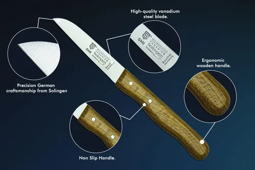 Vista 4 de SMI Solingen - Cuchillo de pico de pájaro Alemania, juego de cuchillos de pelar con mango de madera para frutas y verduras, cuchillo recto y curvado