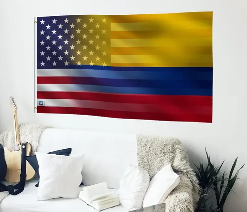 Vista 4 de Bandera híbrida colombiana americana de 3 x 5 pies: pancarta 100% poliéster, ojales de latón y cabecera de lona fuerte, para uso en exteriores