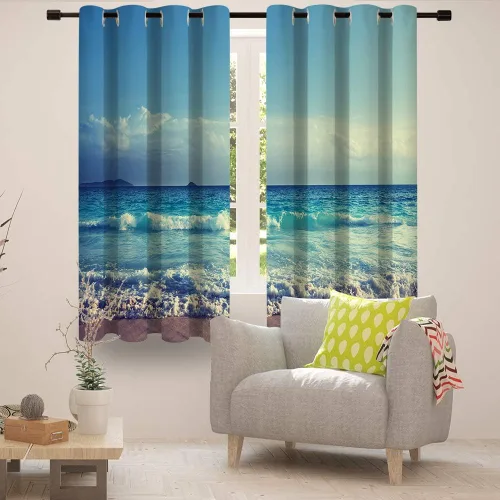 Vista 3 de Cortina opaca con ondas oceánicas, cortina para ventana de playa, 2 paneles para dormitorio, sala de estar, cocina, 52 x 63 pulgadas