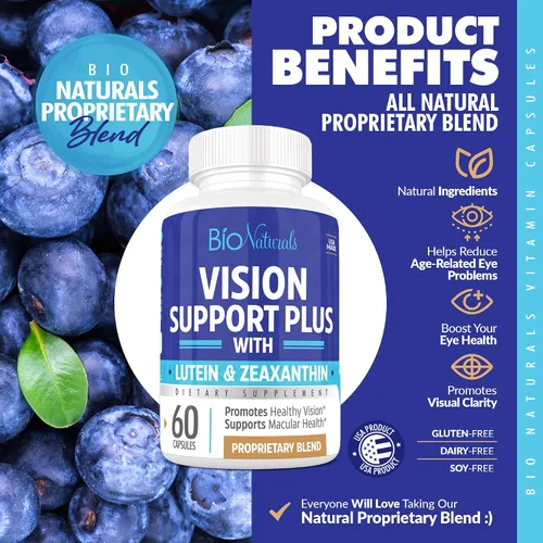 Vista 3 de Suplemento vitamínico para los ojos con luteína, zeaxantina, licopeno, arándano, quercetina y más, mezcla patentada totalmente natural que apoya