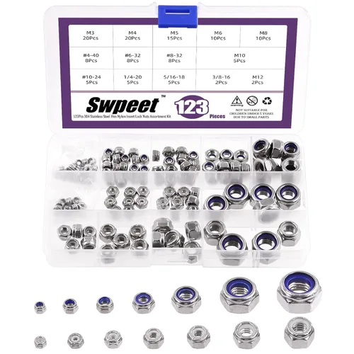 Vista 8 de Swpeet 45 piezas de tuercas de bloqueo hexagonales de acero inoxidable SAE 304 de 1/2"-13, arandelas planas de 1/2", kit surtido de arandelas